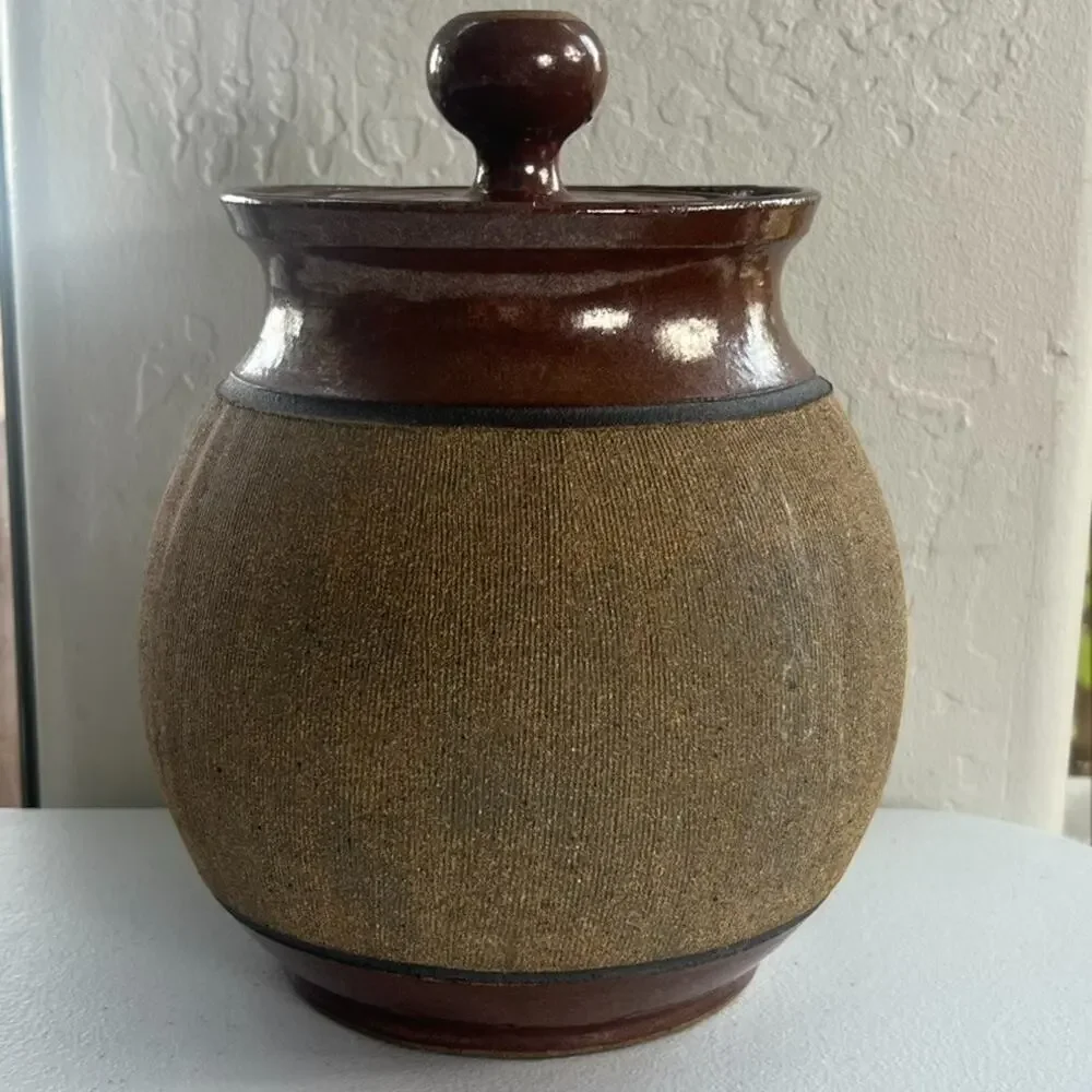 Art Studio Pottery Handmade Stoneware Lidded Storage Jar Artist Signed Brown Vtg
